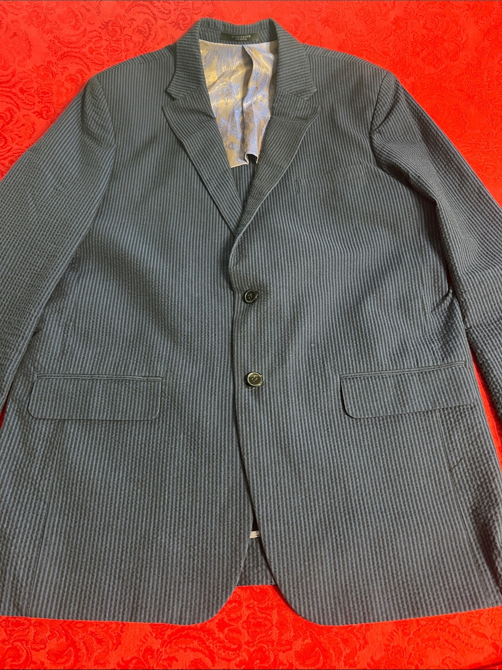 StudioSuits Men’s 46L Navy Blue Seersucker Blazer Caccioppoli Napoli Cotton Ital